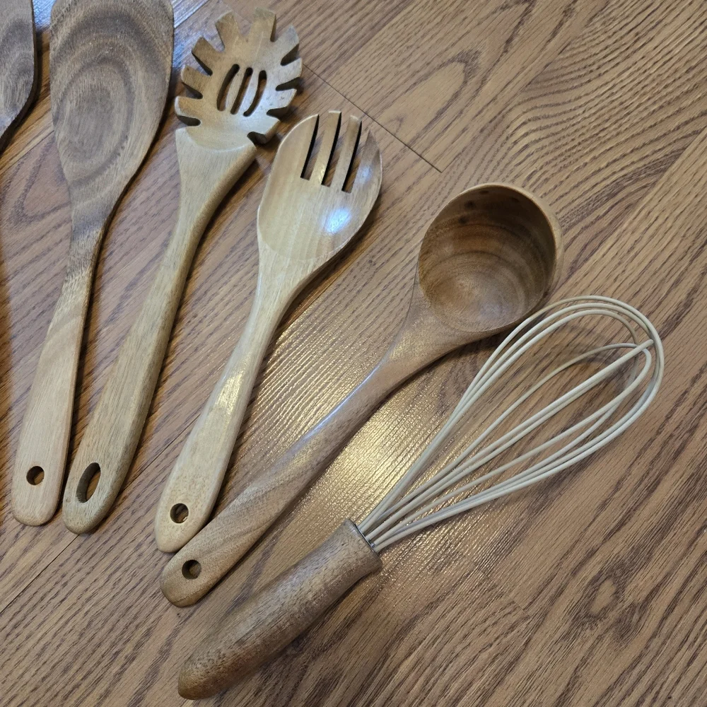 10 Pack Wooden Spoons for Cooking Teak Wood Kitchen Utensils Set Natural Boho
